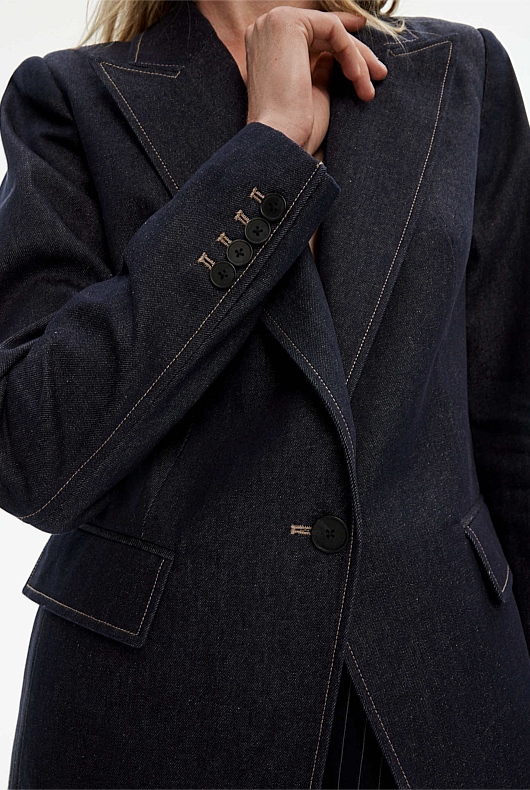 Yarn Dye Peaked Lapel Single-Breasted Blazer - Blue Night