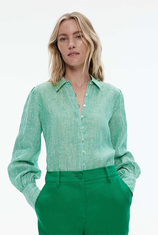Linen Stripe Volume Sleeve Shirt - Bottle Green