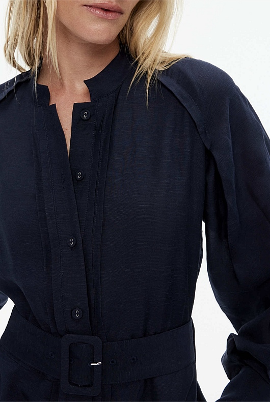 High Neck Pintuck Midi Dress - Blue Night