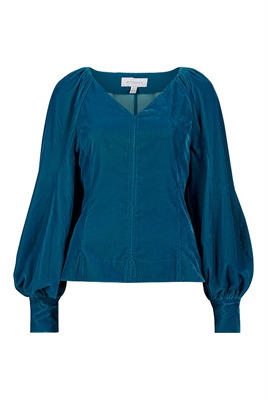 Velvet Gathered Blouse - Opal Blue