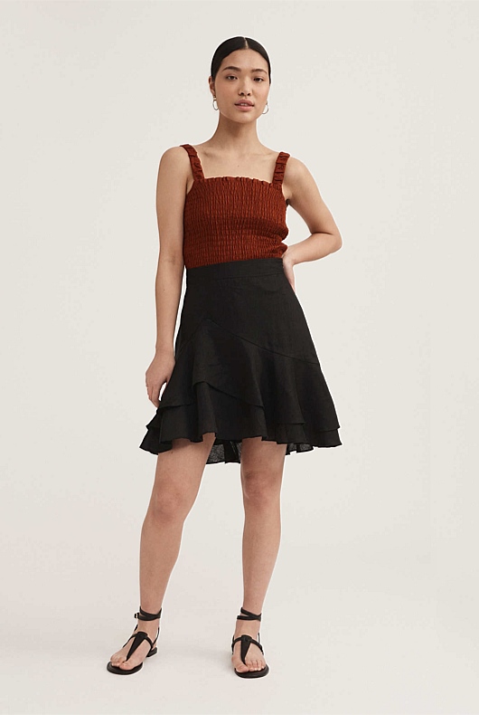 French Linen Ruffle Detail Skirt - Black