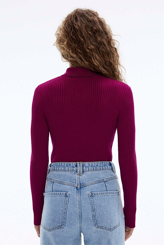 Zip Through Collar Knit - Deep Magenta
