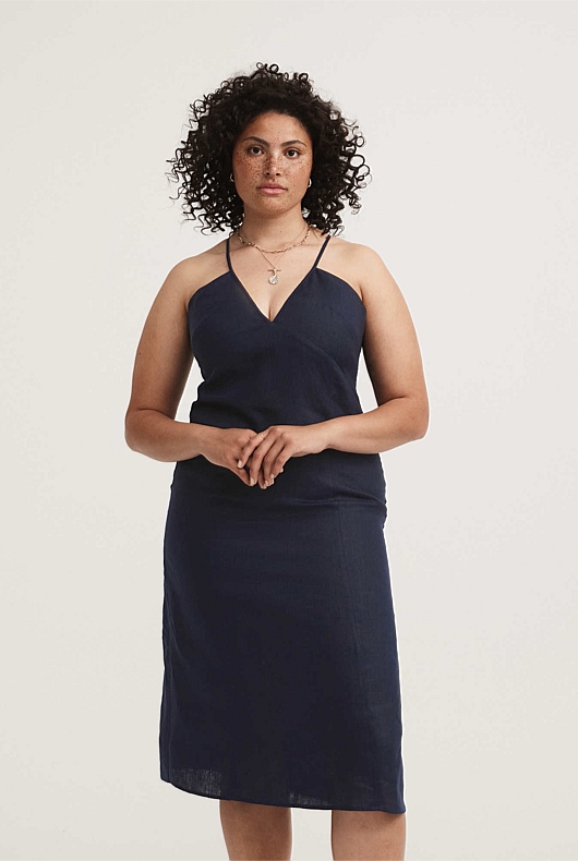 French Linen Summer Slip Dress - Blue Night