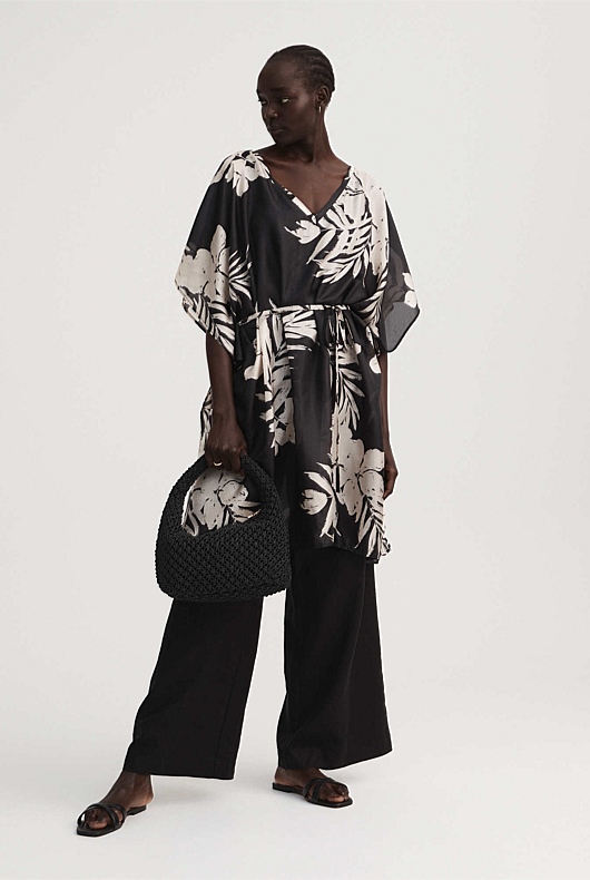 Silk Print Kaftan - Black