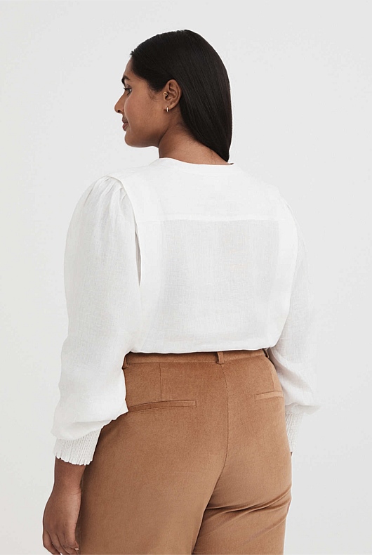 French Linen Half Placket Blouse - Chalk