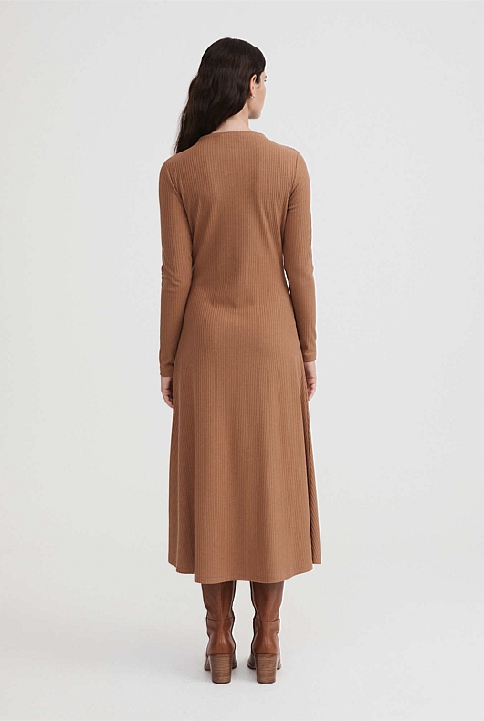 Mock Neck Rib Dress - Camel