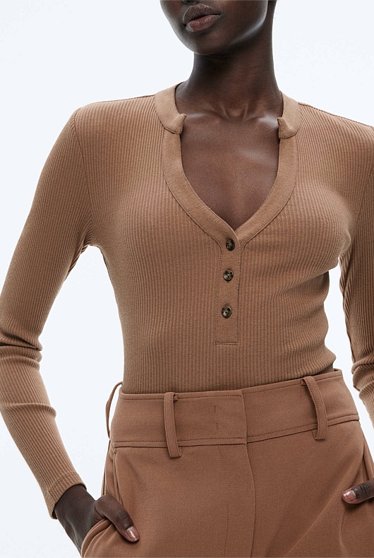 Cotton Blend Rib Henley Long Sleeve Top - Camel