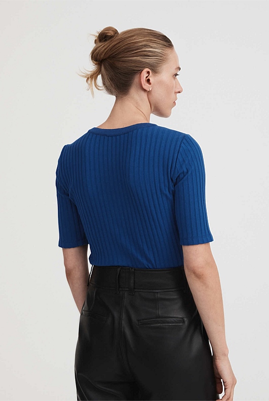 Cotton Rib Zip Front Top - Eclipse Blue