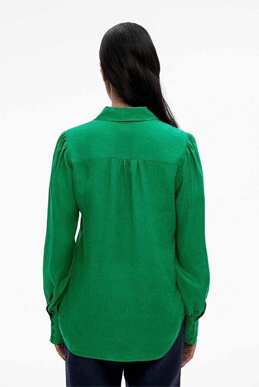 French Linen Volume Sleeve Shirt - Viridian Green