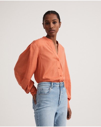 Witchery Yoke Detail Pleat Sleeve Blouse