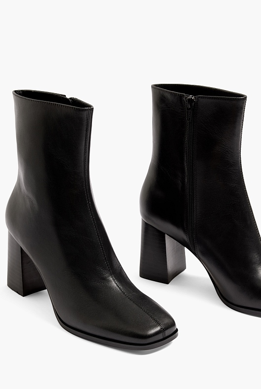 Square Toe Leather Heeled Boot - Black