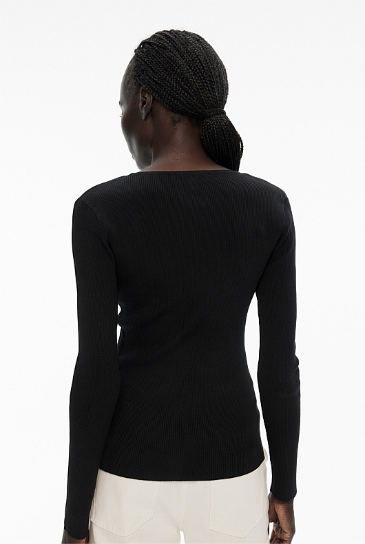 Scoop Rib Long Sleeve Knit - Black
