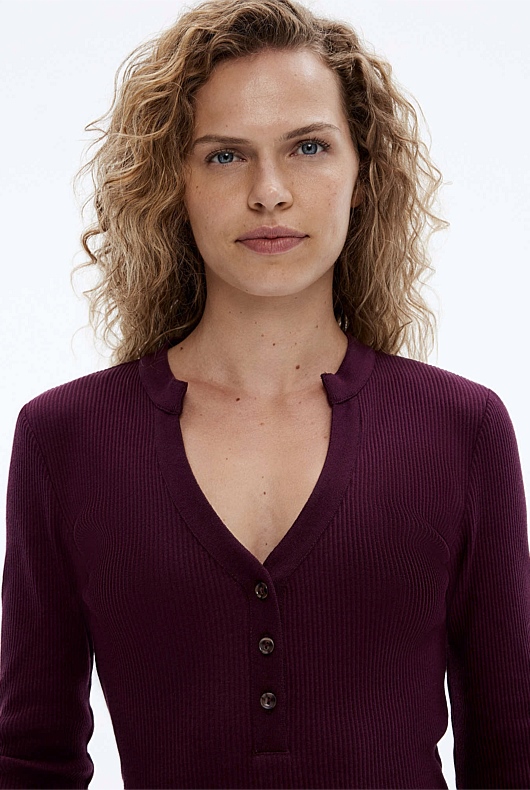 Cotton Blend Rib Henley Long Sleeve Top - Bordeaux