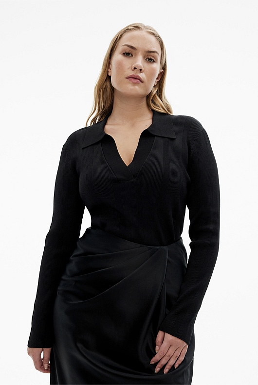 Crepe Rib Henley Knit - Black