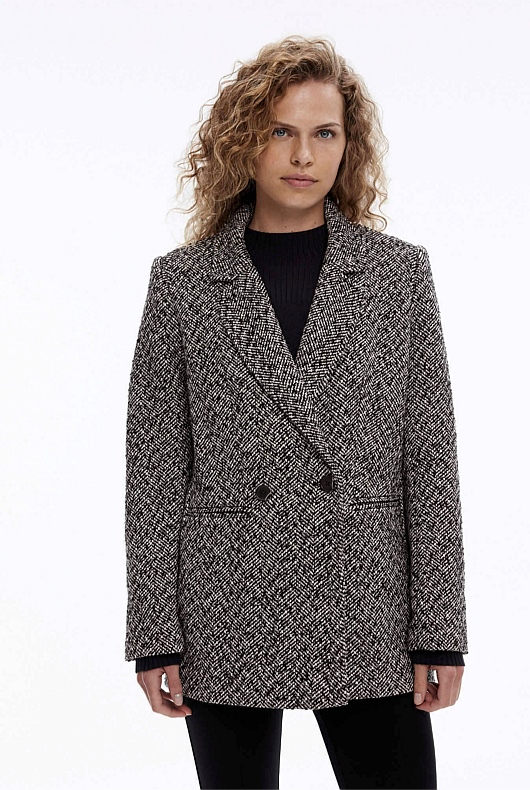 Wool Blend Herringbone Double-Breasted Blazer - Onyx