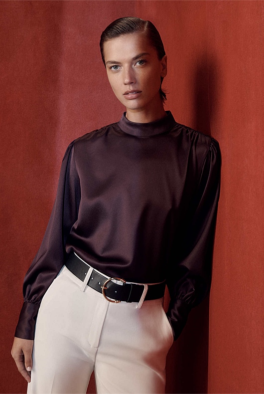 Acetate High Neck Blouse - Bordeaux