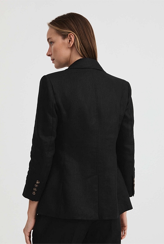 Linen Double-Breasted Crop Sleeve Blazer - Black