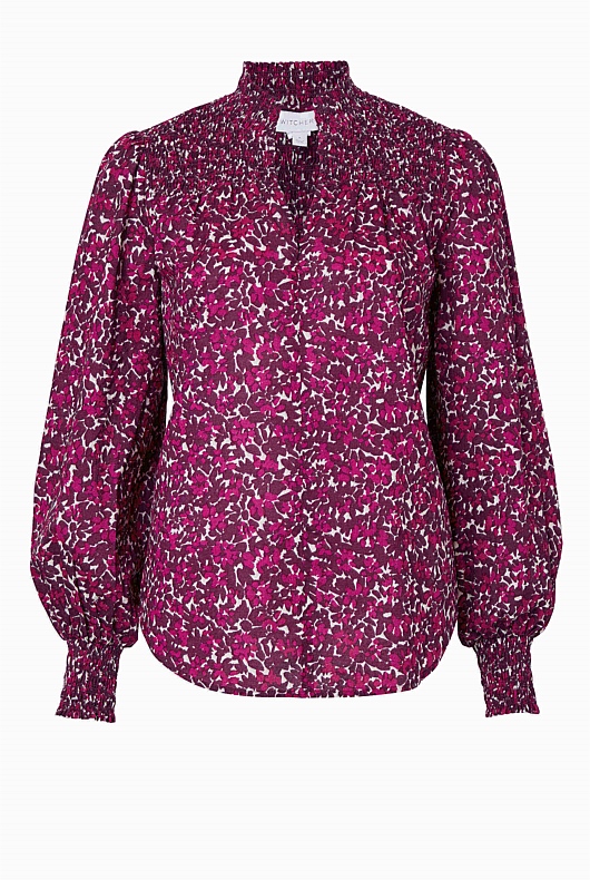 Berry Floral Shirred Blouse - Cranberry