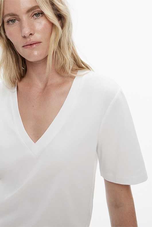 Cotton V Neck Tee - Pure White