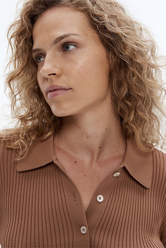 Crepe Button Through Crop - Camel