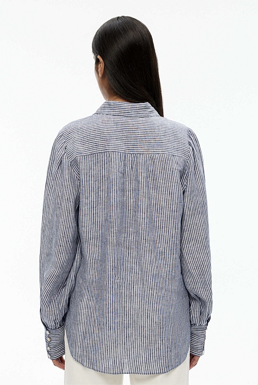 Linen Stripe Volume Sleeve Shirt - Lead Blue