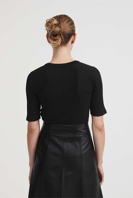 Cotton Rib Zip Front Top - Black