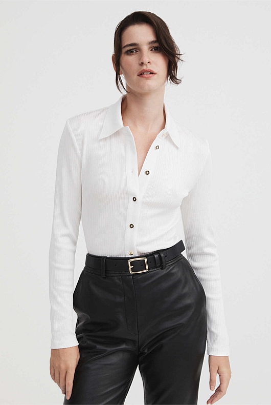 Rib Button Through Top - Chalk