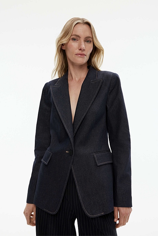 Yarn Dye Peaked Lapel Single-Breasted Blazer - Blue Night