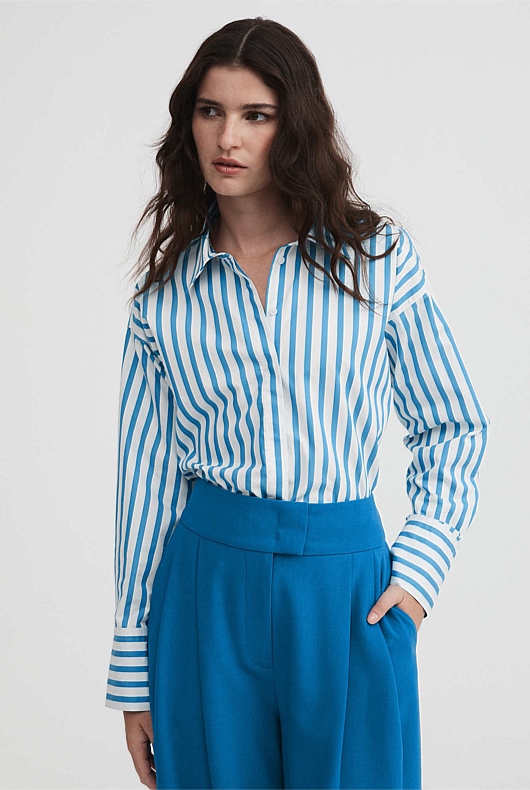 Cotton Stripe Cropped Shirt - Wedgewood Blue