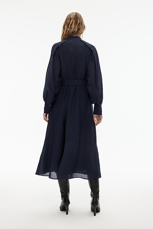 High Neck Pintuck Midi Dress - Blue Night