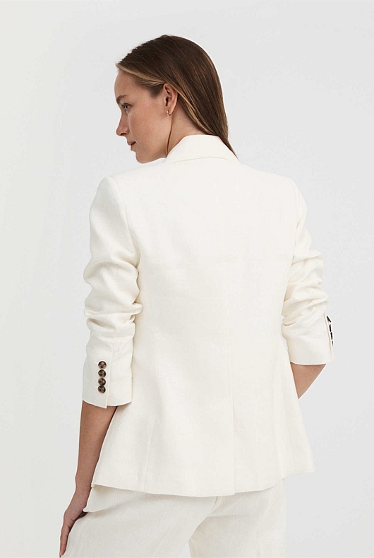 Linen Double-Breasted Crop Sleeve Blazer - Chalk