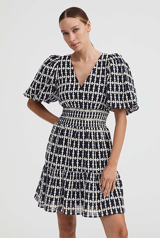 Embroidered Tiered Mini Dress - Blue Night