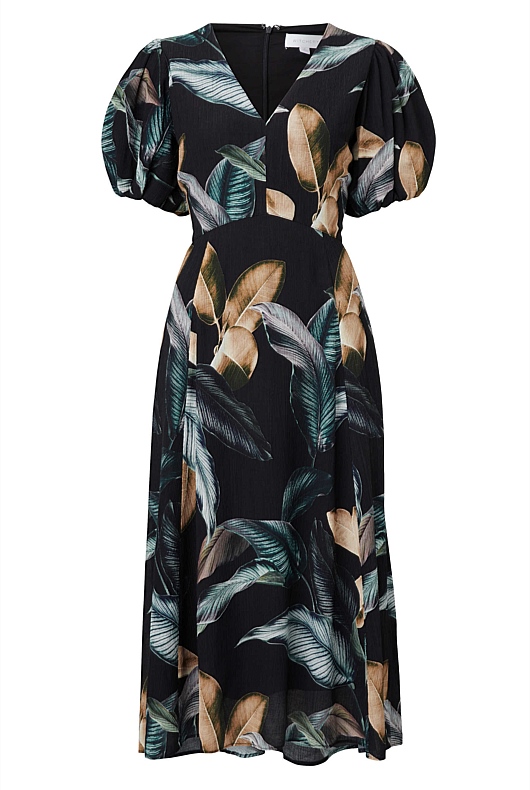Ink Leaf Print Midi Dress - Phantom