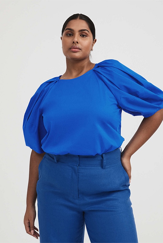 Cotton Poplin Puff Sleeve Blouse - Bold Blue