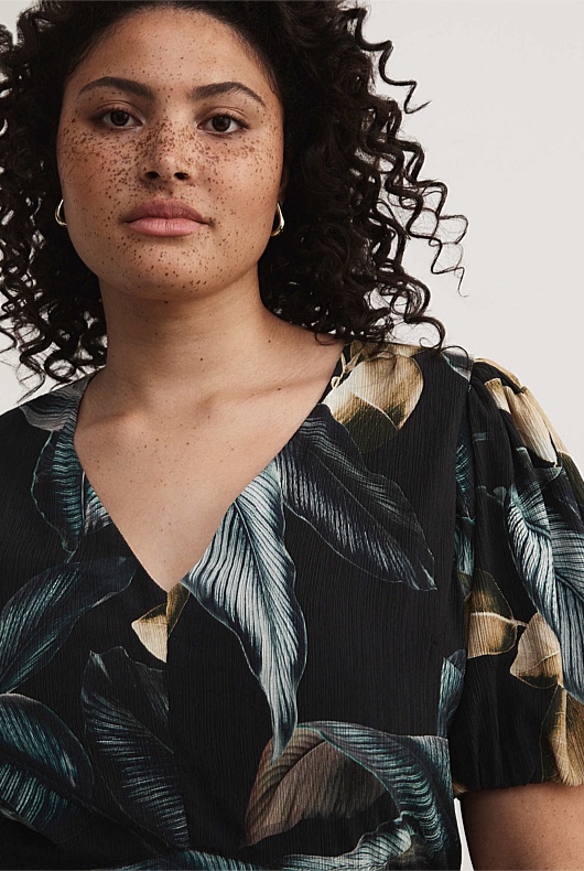 Ink Leaf Print Midi Dress - Phantom