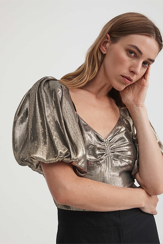 Metallic Puff Sleeve Blouse - Pewter