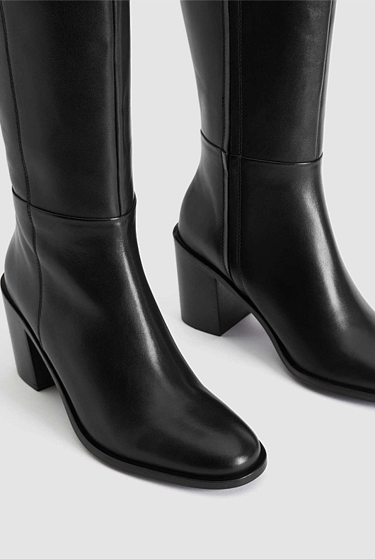 Leather Calf Height 75mm Heeled Boot - Black