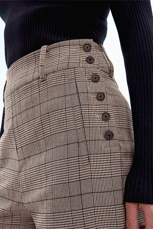 Check Side Button Pant - Mocha