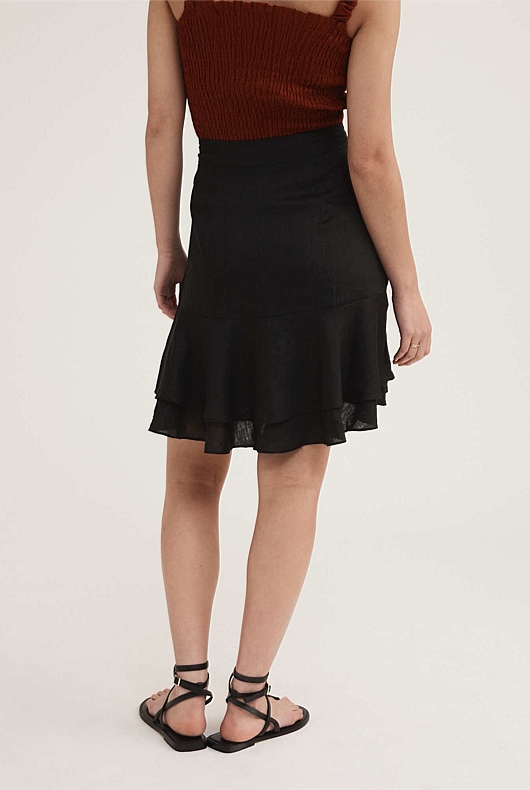 French Linen Ruffle Detail Skirt - Black