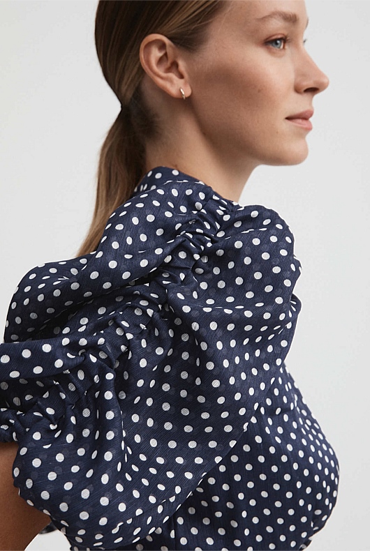 Spot Print Puff Sleeve Blouse - Washed Navy