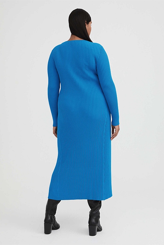 Crepe V Neck Knit Dress - Sorrento Blue
