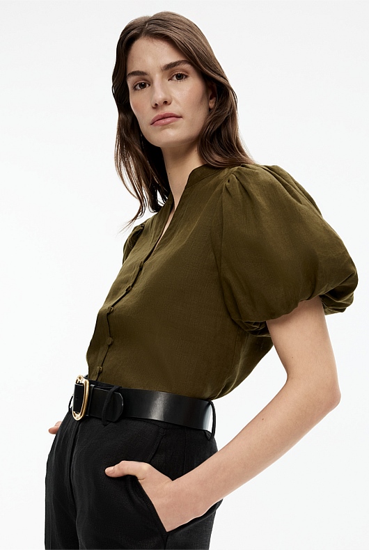 Hemp Puff Sleeve Blouse - Jungle