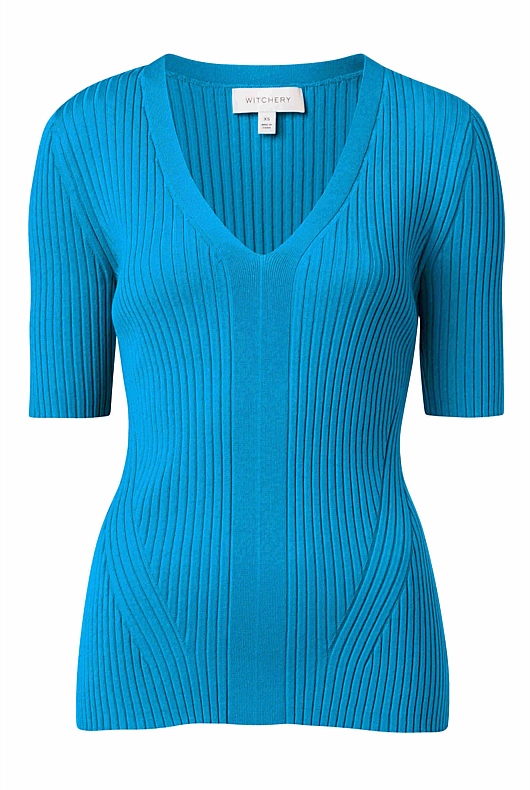 Rib V Neck Short Sleeve Knit - Bright Blue