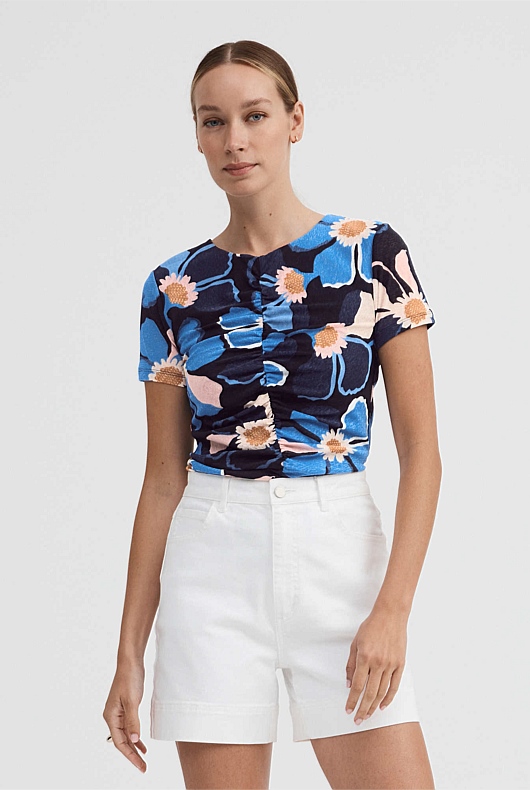 Mesh Daisy Floral Tee - Blue Black