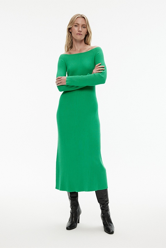 Off Shoulder Knit Dress - Leaf Green