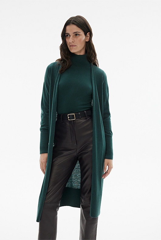 Merino Silk Longline Cardigan - Petrol Green