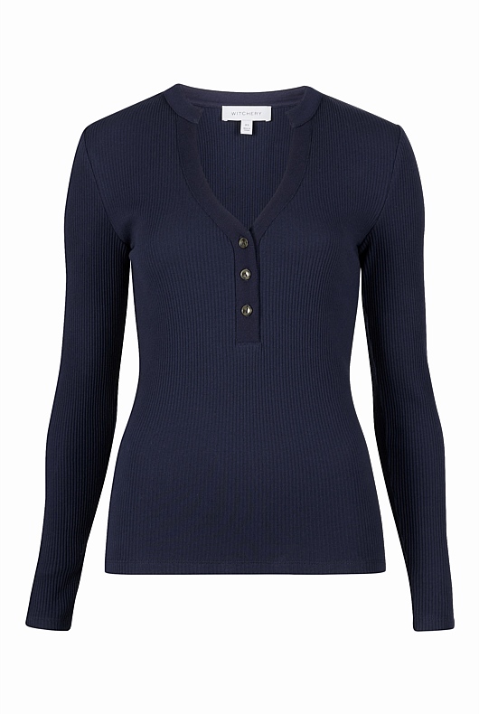 Cotton Blend Rib Henley Long Sleeve Top - Regatta Blue