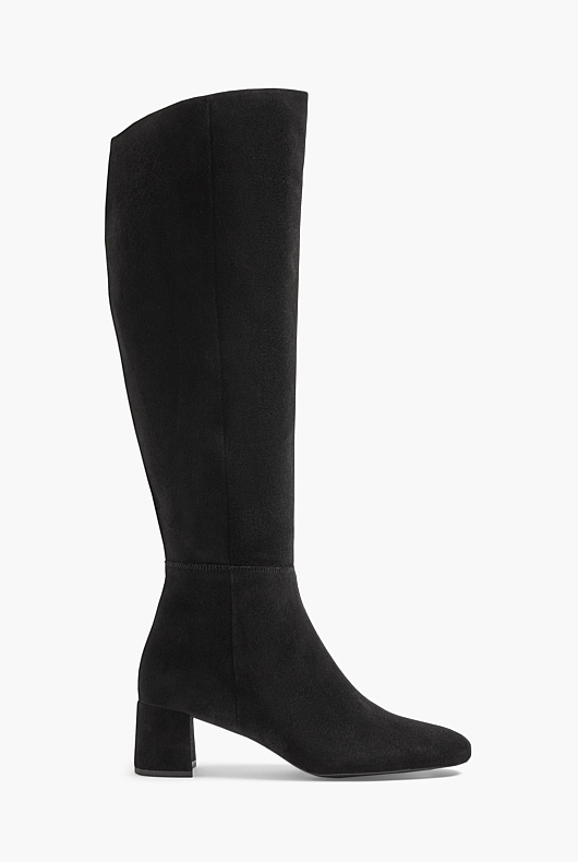Block Heel Knee High Suede Boot - Black