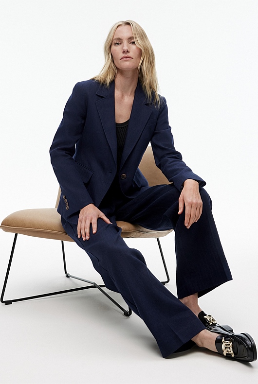 Cotton Linen Single-Breasted Blazer - Blue Night