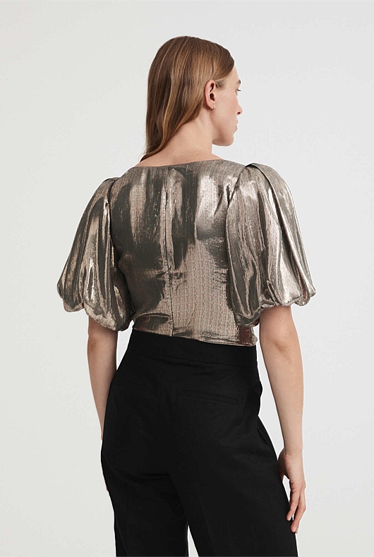 Metallic Puff Sleeve Blouse - Pewter